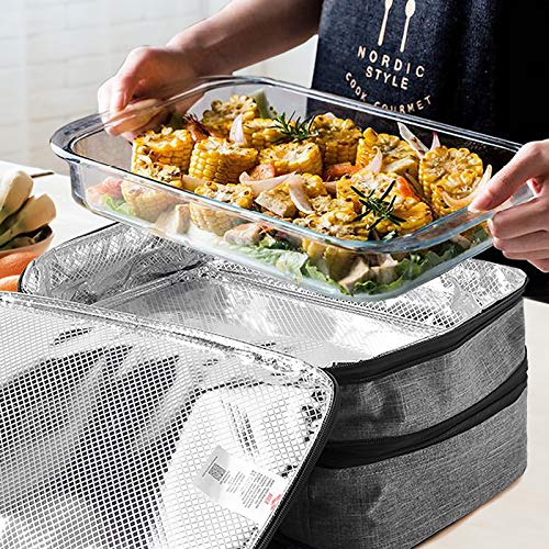 MIER Insulated Double Casserole Carrier Thermal Lunch Tote for Potluck Parties, Picnic, Beach, Fits 9 x 13 Inches Casserole Dish, Expandable by Mid Zipper, Gray - Image 2