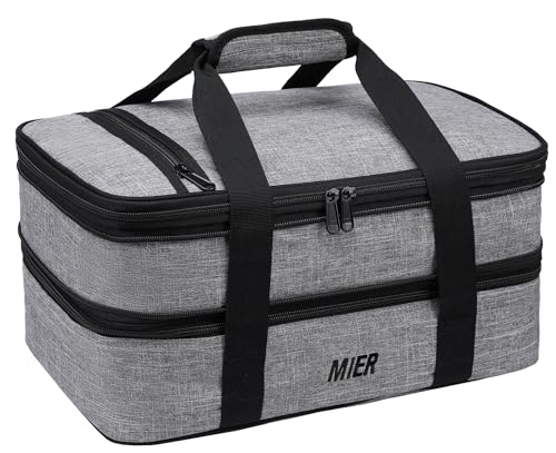 MIER Insulated Double Casserole Carrier Thermal Lunch Tote for Potluck Parties, Picnic, Beach, Fits 9 x 13 Inches Casserole Dish, Expandable by Mid Zipper, Gray - Image 1