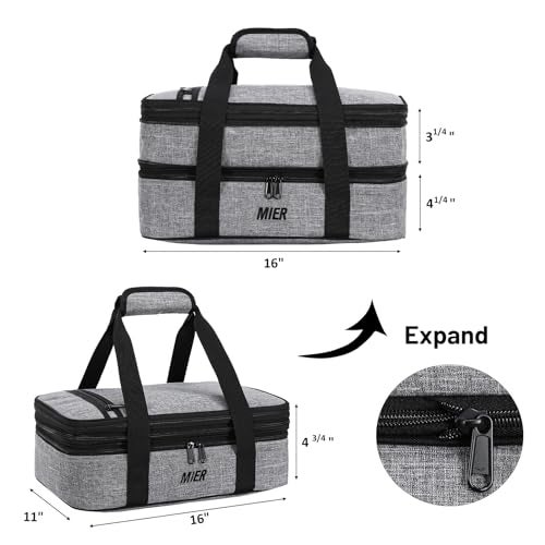 MIER Insulated Double Casserole Carrier Thermal Lunch Tote for Potluck Parties, Picnic, Beach, Fits 9 x 13 Inches Casserole Dish, Expandable by Mid Zipper, Gray - Image 5