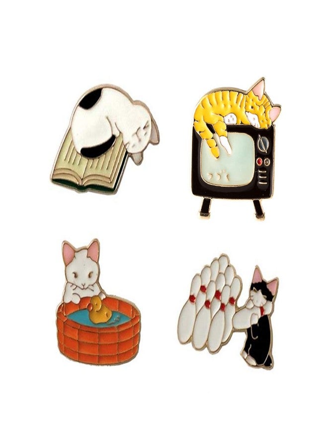 FLYPARTY 4 Pcs Cute Enamel Lapel Pins Sets Cartoon Animal Plant Flowers Brooches Pin Badges for Clothing Bags Backpacks Jackets Hat Party Favors Decoration (Lazy Cats) - Image 1