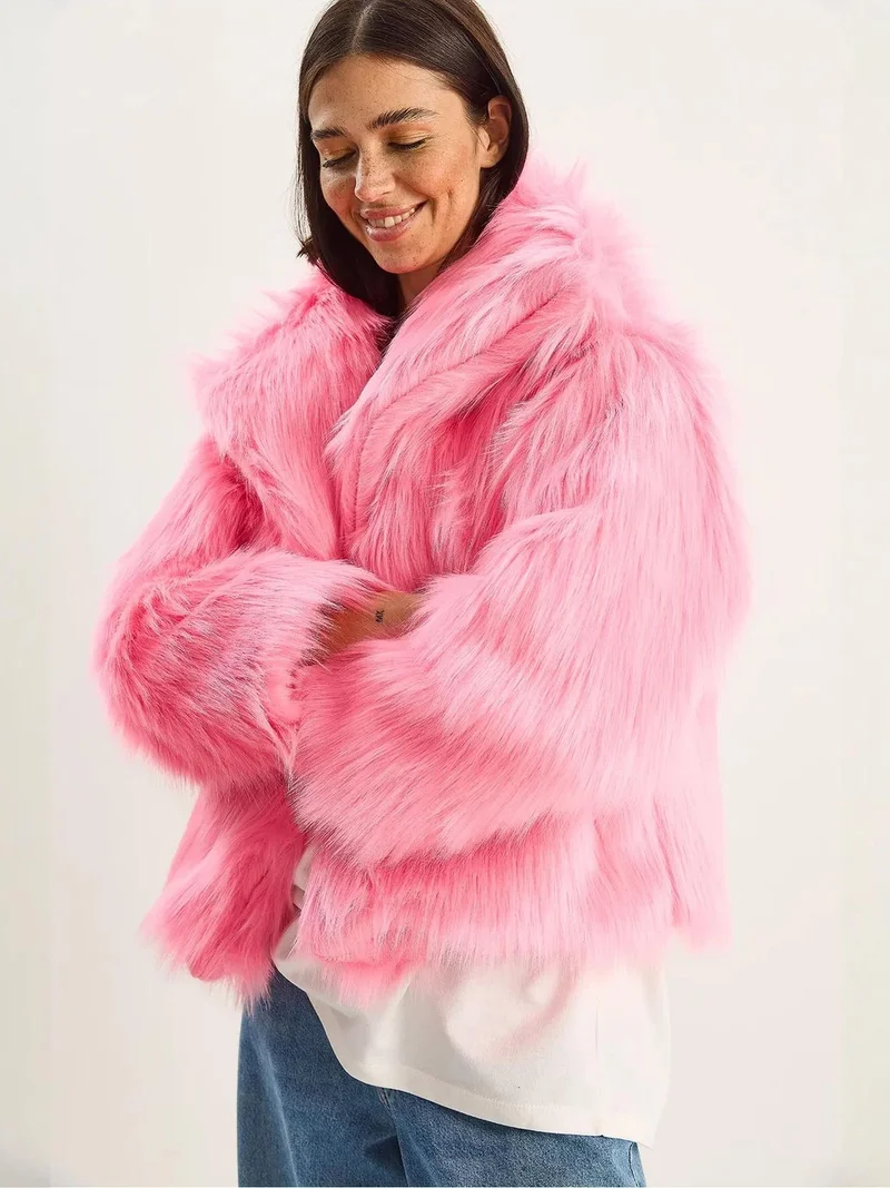 Bianco Lucci Bright Pink LUCCI Oversize Faux Fur Jacket for Women | Best Price UAE