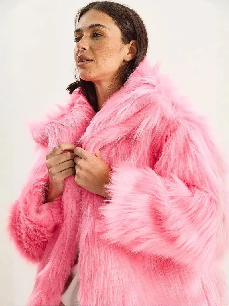 Bianco Lucci Bright Pink LUCCI Oversize Faux Fur Jacket for Women | Best Price UAE