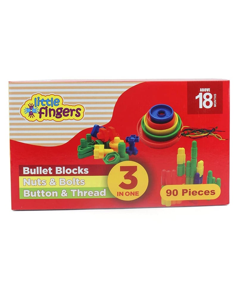 Little Fingers 3 in 1 Bullet Blocks, Nuts & Bolts, and Button & Thread Combo Puzzle Set for Kids - 90 Pieces Educational Toy - Image 1