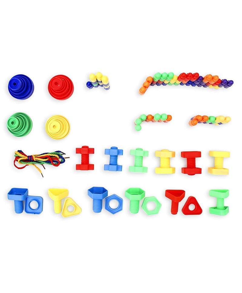 Little Fingers 3 in 1 Bullet Blocks, Nuts & Bolts, and Button & Thread Combo Puzzle Set for Kids - 90 Pieces Educational Toy - Image 2