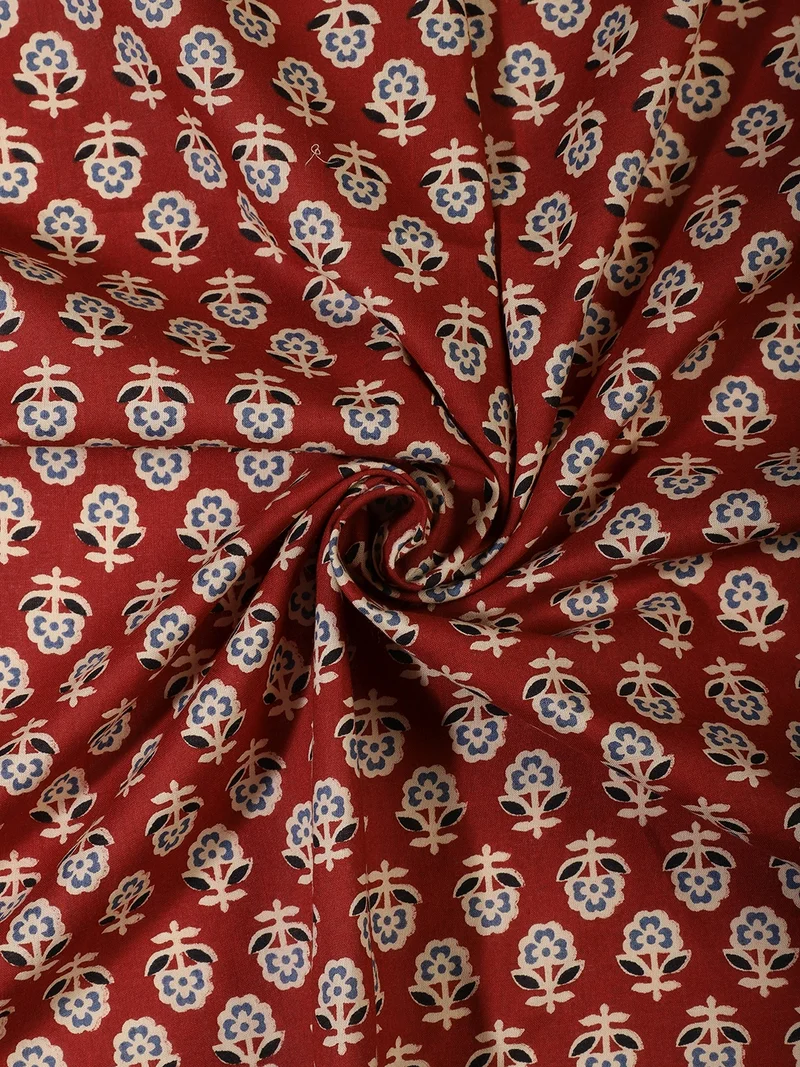 أيه كيه إس Floral Hand-Block Print Fabric Red One Meter