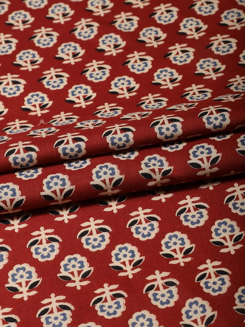 أيه كيه إس Floral Hand-Block Print Fabric Red One Meter