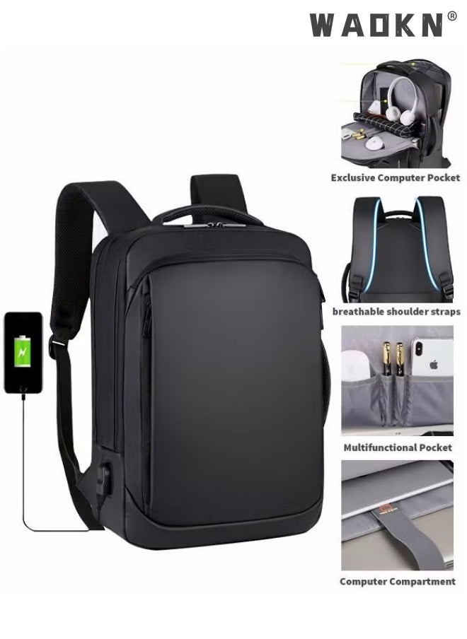 WAOKN Men Large Capacity Backpack Multifunction Waterproof Nylon Backpack Casual Breathable Large Capacity Laptop Multifunction School Bag with USB Port for Men Work Travel Flight Business Black  - Image 1