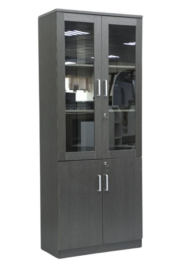 ALWASIT HOME Modern 4 Door Wooden File CABINET and Bookshelf Glass Coffee Grey Color  - Image 1