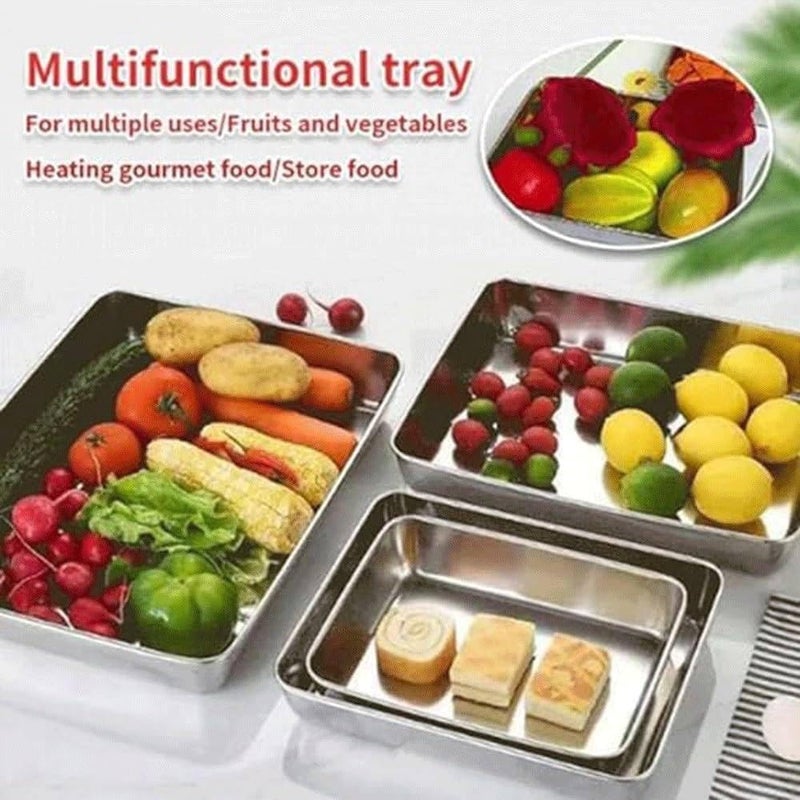 Cpixen Square Plate with Lid, Stainless Steel Dinner Dish Baking Tray Plate Deep Tray Grill Fish BBQ Food Containe Plate Set Storage Serving Dish for Oven - Image 4