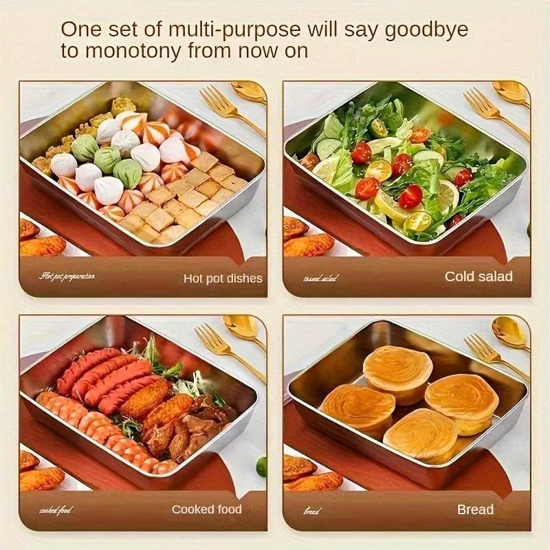 Cpixen Square Plate with Lid, Stainless Steel Dinner Dish Baking Tray Plate Deep Tray Grill Fish BBQ Food Containe Plate Set Storage Serving Dish for Oven - Image 5