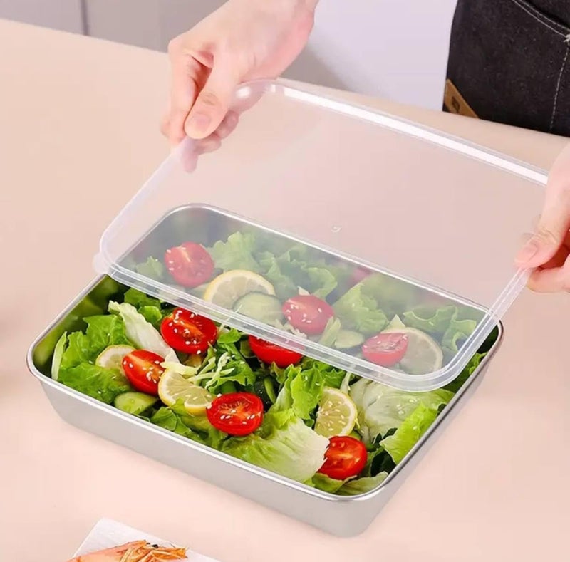 Cpixen Square Plate with Lid, Stainless Steel Dinner Dish Baking Tray Plate Deep Tray Grill Fish BBQ Food Containe Plate Set Storage Serving Dish for Oven - Image 3