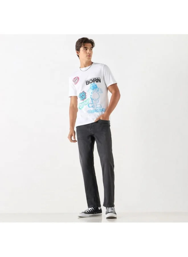 SP Characters Garfield Print Crew Neck T-shirt with Short Sleeves