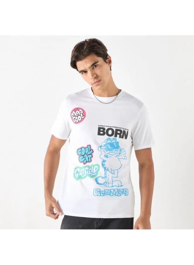 SP Characters Garfield Print Crew Neck T-shirt with Short Sleeves