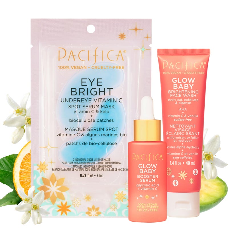 Pacifica Beauty | Glow Baby Vitamin C Trial + Value Kit | 3-Piece Skin Care Gift Set | Travel Friendly | Brightening Face Serum, Face Wash/Cleanser, Under Eye Patches | Glycolic Acid, AHA | Vegan - Image 1