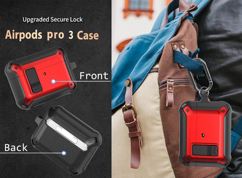 Olytop for Airpods Pro 3 Case with Lock Clip, Rugged Apple Airpods Pro 3rd Generation Cover 2025 Men Women, Armor Shockproof iPod Pro3 Gen Protective Hard Shell with Carabiner&Cleaner kit, Black/Red - Image 4