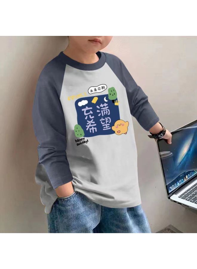 Boys' Long-sleeve T-shirt Spring And Autumn Baby Pure Cotton T-shirt For Older Children Popular Color-blocking Base Shirt Trendy