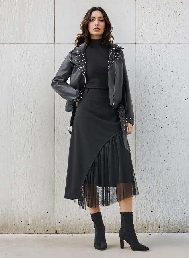 2Xtremz 2Xtremz Midi Polyester Mesh Skirt with Asymmetrical Hemline