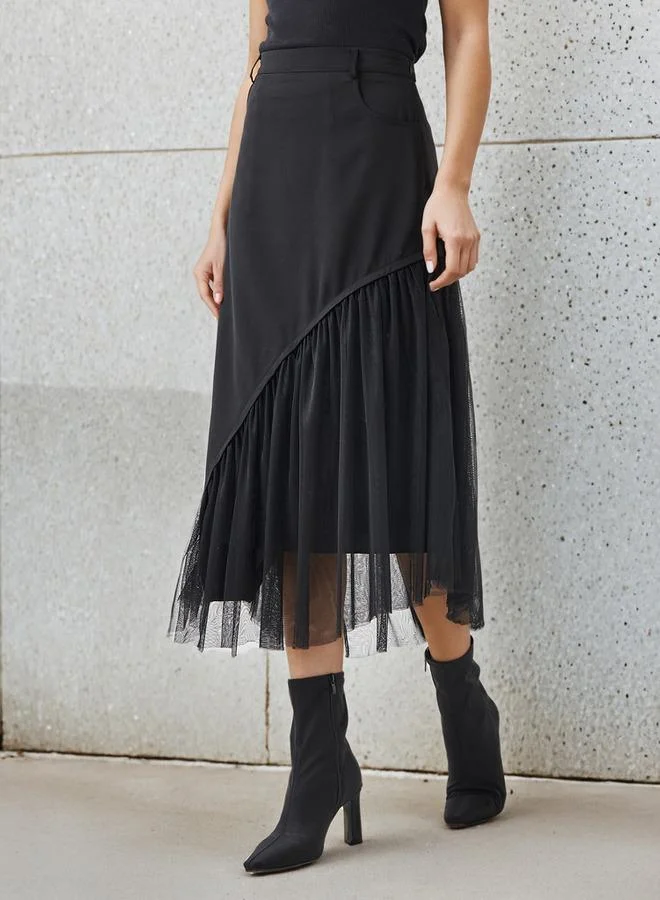 2Xtremz 2Xtremz Midi Polyester Mesh Skirt with Asymmetrical Hemline