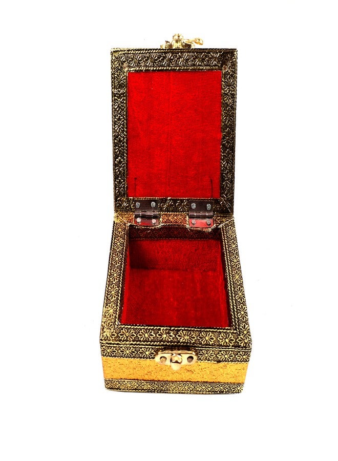 TECHZAGE Golden Wooden German Oxidized Meenakari Handicraft BOx Jewelry Organizer Wedding Carvings Gift Items Vanity Box Multipurpose Container 4"x4" - Image 2