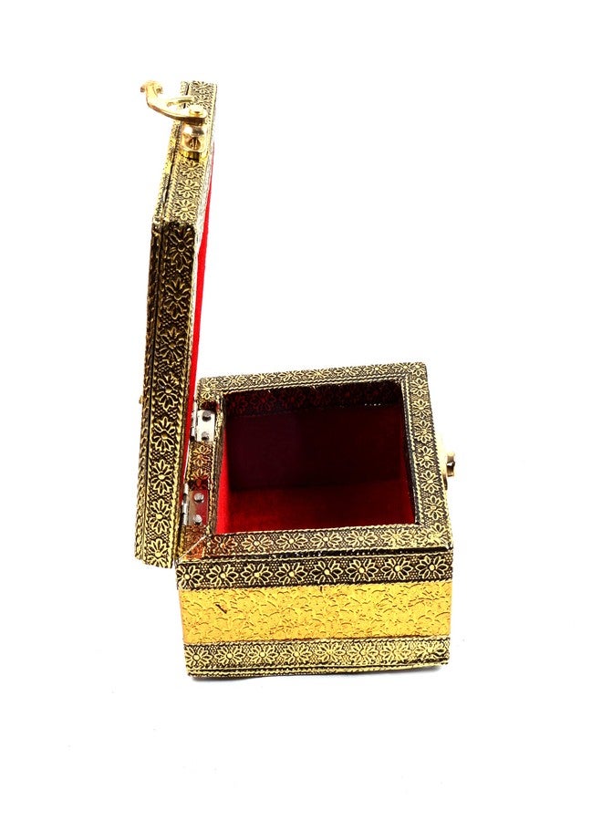 TECHZAGE Golden Wooden German Oxidized Meenakari Handicraft BOx Jewelry Organizer Wedding Carvings Gift Items Vanity Box Multipurpose Container 4"x4" - Image 3