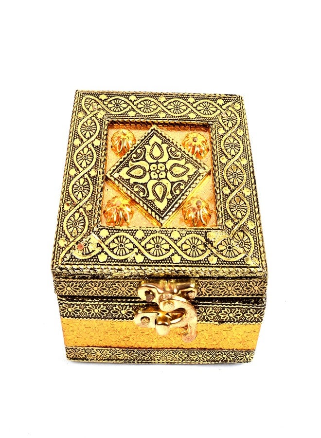 TECHZAGE Golden Wooden German Oxidized Meenakari Handicraft BOx Jewelry Organizer Wedding Carvings Gift Items Vanity Box Multipurpose Container 4"x4" - Image 1