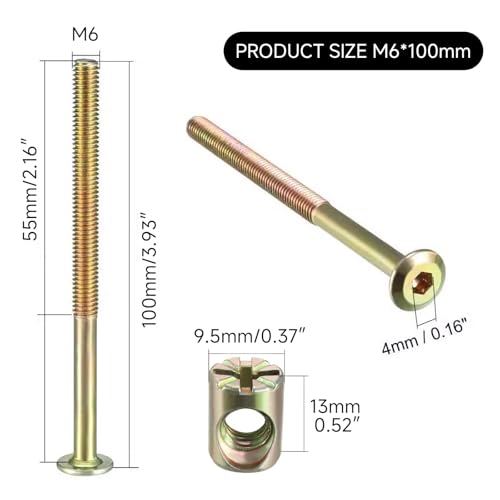 Kodrily M6 x 100mm Bunk Bed Bolts, 10 Pack Bunk Bed Hardware Replacement Kit, Hex Socket Bed Bolts for Wooden Bed, Carbon Steel Headboard Screws for Bed Frame, Chair Spare Connector Parts - Image 2