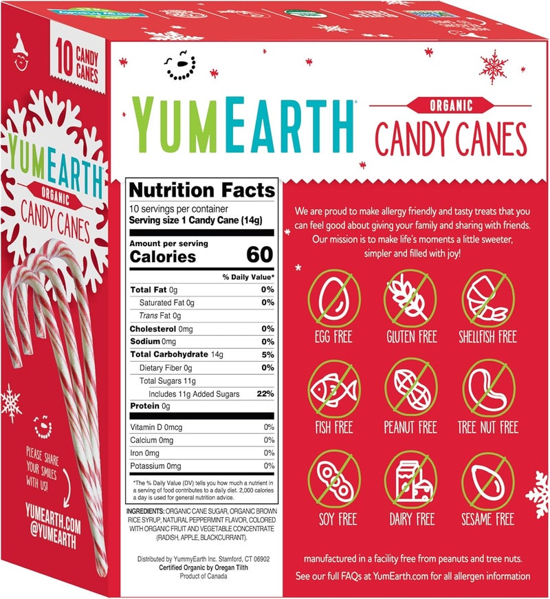 YumEarth Organic Candy Canes - Individually Wrapped Full Size Peppermint Candy Canes - Allergy Friendly, Non GMO, Gluten Free, Vegan - 10 Count (Pack of 1) - Image 2