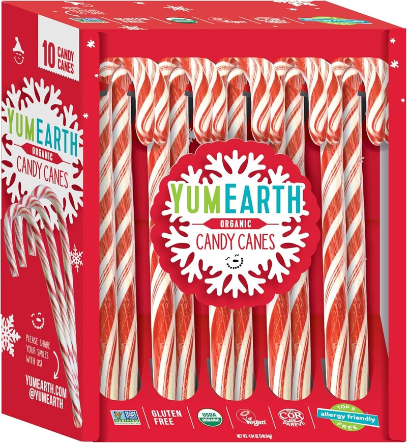 YumEarth Organic Candy Canes - Individually Wrapped Full Size Peppermint Candy Canes - Allergy Friendly, Non GMO, Gluten Free, Vegan - 10 Count (Pack of 1) - Image 1