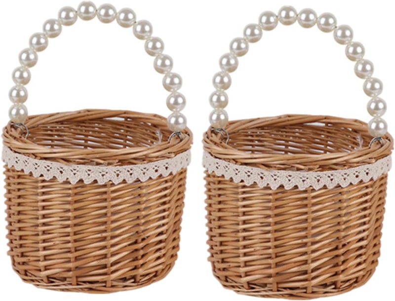 Yuudar Rustic Wicker Rattan Wedding Flower Girl Baskets,Woven Rattan Storage Basket with Pearl Handles,Woven Eggs Candy Basket for Wedding Home Garden Decor (F - 2PCS) - Image 1