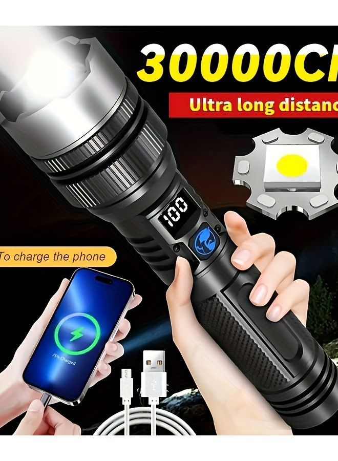 Black High Power USB Rechargeable Flashlight Digital LCD Display Aluminum For Camping Emergency - Image 3