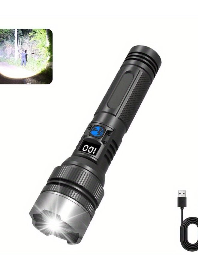 Black High Power USB Rechargeable Flashlight Digital LCD Display Aluminum For Camping Emergency - Image 1