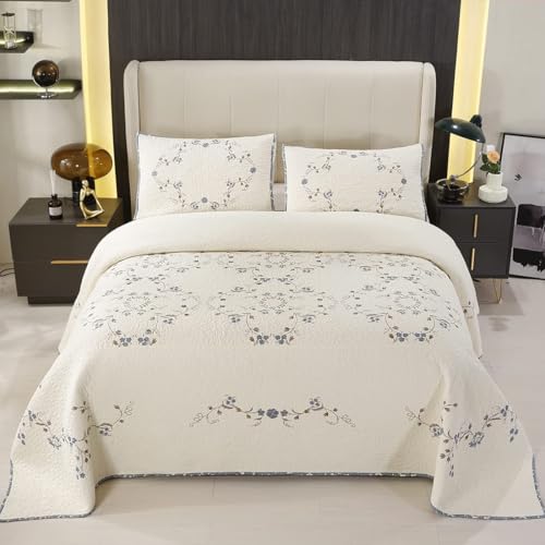 vctops 3Piece 100 Cotton Bedspread Coverlet Set Twin Size Elegant Floral Embroidered Reversible Patchwork 1 Quilt and 2 Pillow Shams Flower BTwin - Image 3