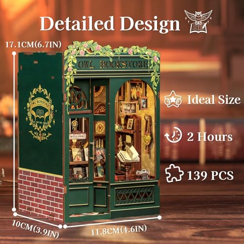 Fsolis طقم زاوية الكتب Fsolis، طقم منزل مصغر DIY، ديكور رفوف الكتب، ألغاز ثلاثية الأبعاد للبالغين، 139 قطعة خشبية، نموذج مكتبة مقاس، هدايا لعشاق الكتب (مكتبة البومة) - Image 3