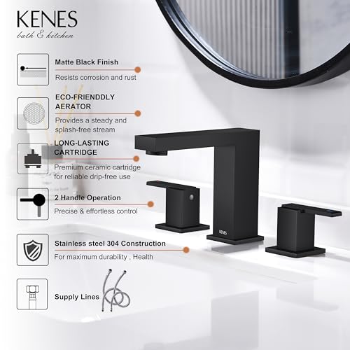 KENES Black Widespread Bathroom Faucet 3 Hole Bathroom Sink Faucet Matte Black Two Handle, 8-Inch 3 Pieces Bathroom Vanity Faucet with Pop Up Drain & Supply Lines, KE-9050-2-P - Image 3