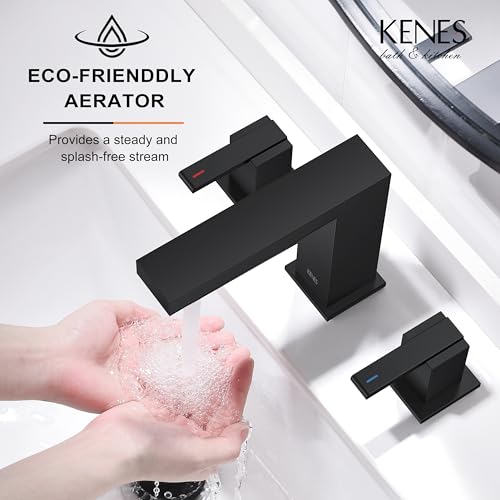 KENES Black Widespread Bathroom Faucet 3 Hole Bathroom Sink Faucet Matte Black Two Handle, 8-Inch 3 Pieces Bathroom Vanity Faucet with Pop Up Drain & Supply Lines, KE-9050-2-P - Image 4