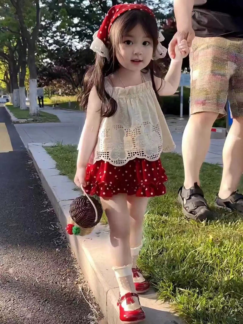 Cream Set 2024 Summer New Elegant Childrens Vest Wide Leg Pants Two-Piece Western Style Girls Clothes 5899-Red