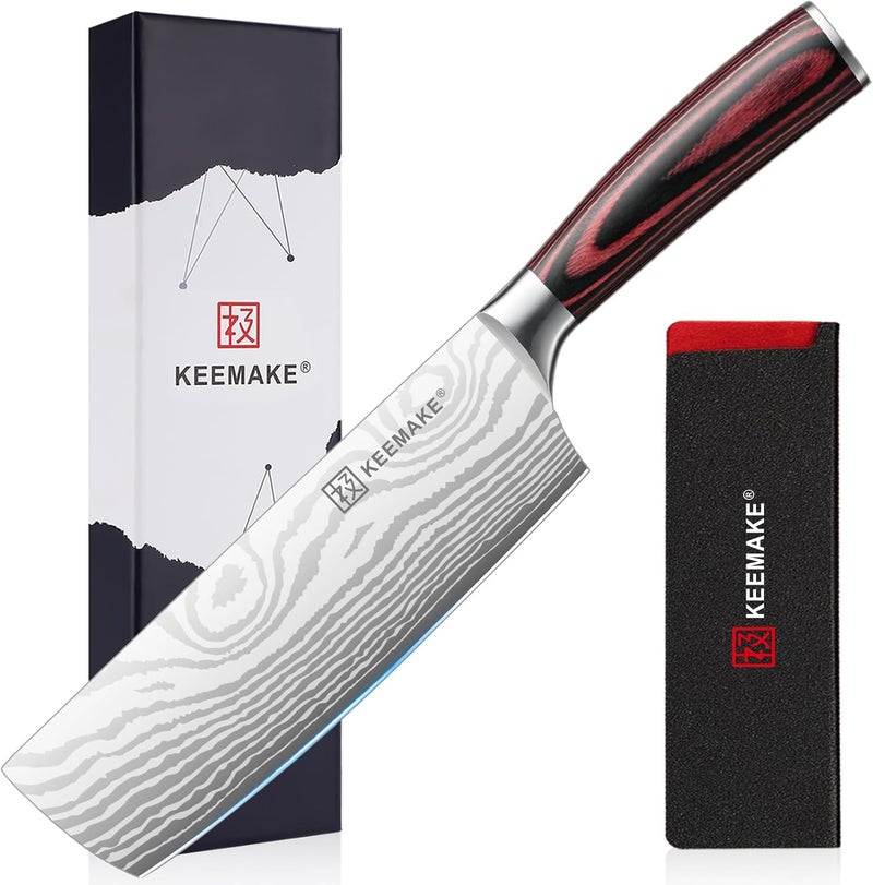KEEMAKE Nakiri Knife Meat Cleaver: 7 Inch Razor Sharp Chef Kitchen Knife for Cutting Vegetable Cooking Knives - Multipurpose High Carbon Stainless Steel with Pakkawood Handle, Gift box and Sheath - Image 1