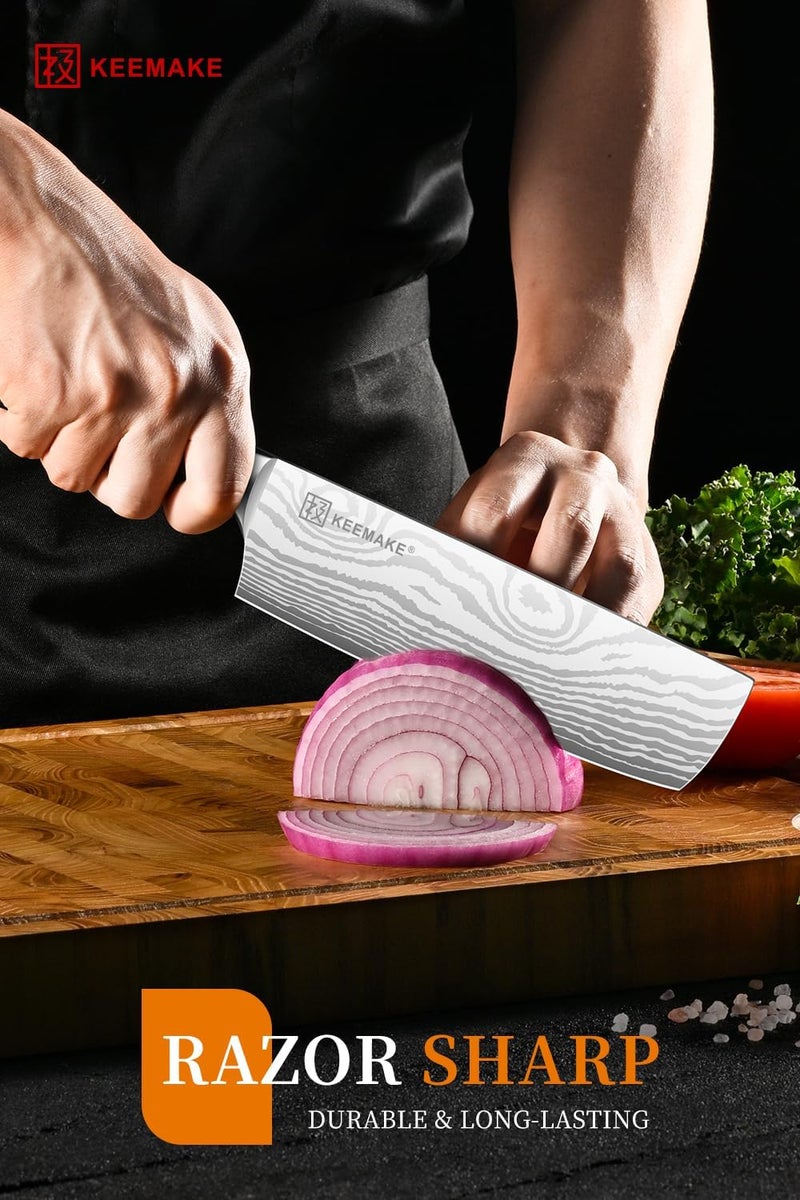 KEEMAKE Nakiri Knife Meat Cleaver: 7 Inch Razor Sharp Chef Kitchen Knife for Cutting Vegetable Cooking Knives - Multipurpose High Carbon Stainless Steel with Pakkawood Handle, Gift box and Sheath - Image 5