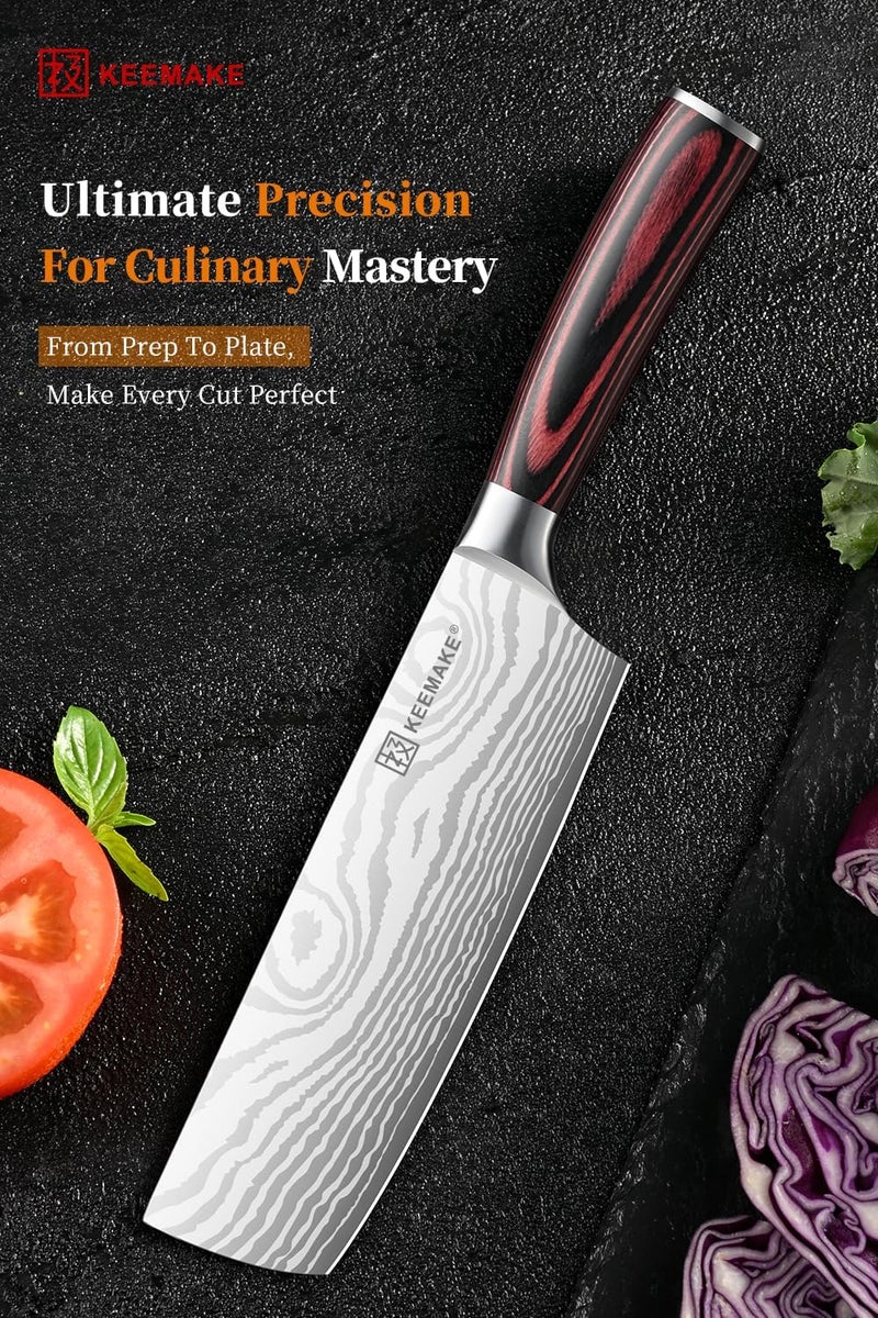 KEEMAKE Nakiri Knife Meat Cleaver: 7 Inch Razor Sharp Chef Kitchen Knife for Cutting Vegetable Cooking Knives - Multipurpose High Carbon Stainless Steel with Pakkawood Handle, Gift box and Sheath - Image 3