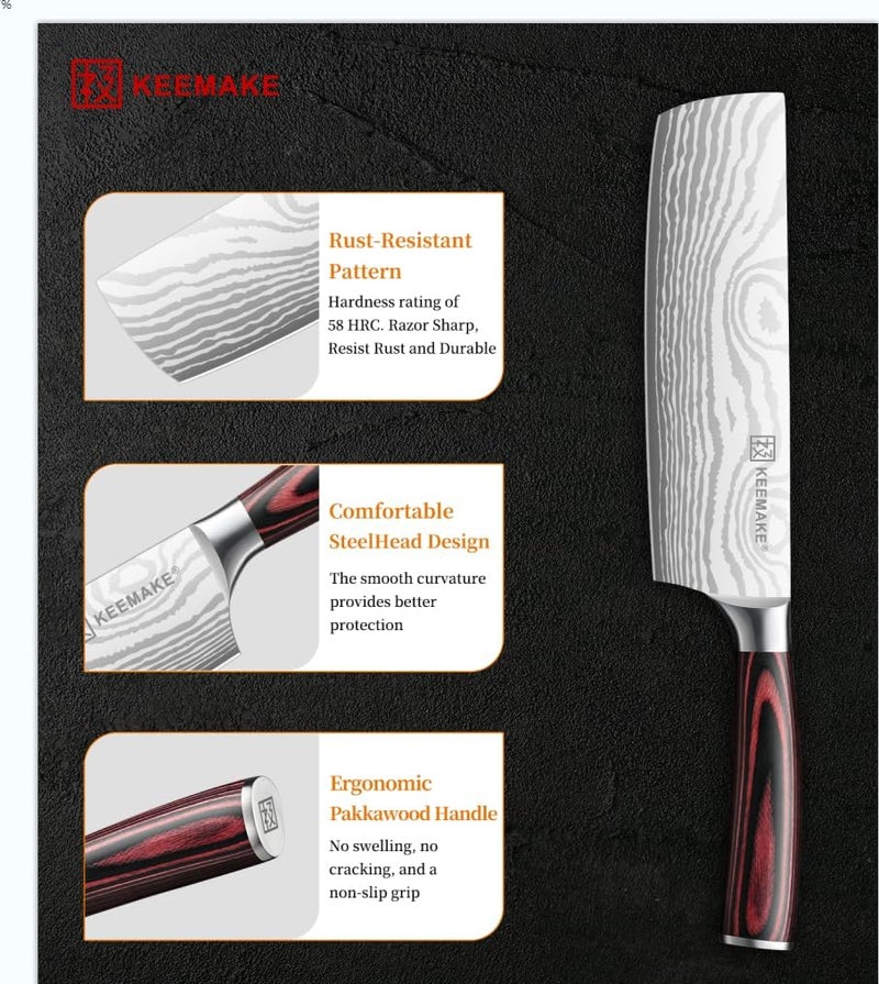 KEEMAKE Nakiri Knife Meat Cleaver: 7 Inch Razor Sharp Chef Kitchen Knife for Cutting Vegetable Cooking Knives - Multipurpose High Carbon Stainless Steel with Pakkawood Handle, Gift box and Sheath - Image 4