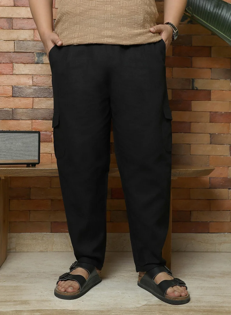 انستافاب بلس Instafab Plus Men's Midnight Black Pleated Utility-Tapered Trousers | Mid-Rise , Straight Hem , Button Closure | Solid Plain Linen-Blend Material For Street & Casual Wear