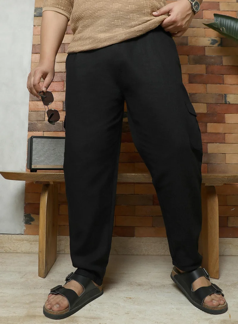 انستافاب بلس Instafab Plus Men's Midnight Black Pleated Utility-Tapered Trousers | Mid-Rise , Straight Hem , Button Closure | Solid Plain Linen-Blend Material For Street & Casual Wear