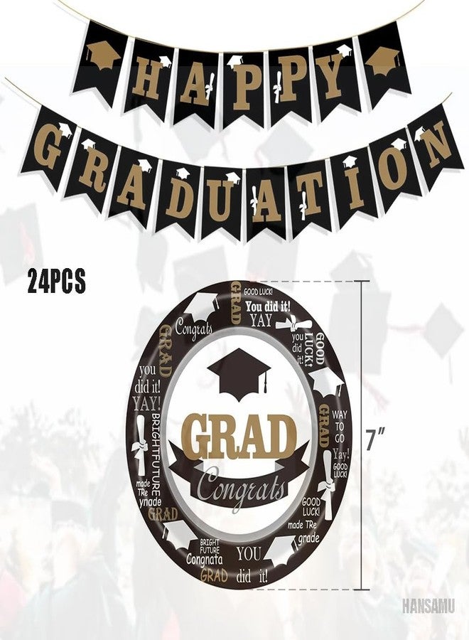 HANSAMU Graduation Paper Plates Congrats Grad Disposable Plates Black White Decorative Tableware for College School Congratulations Graduation Party Supplies Table Decorations(7Inch) - Image 2