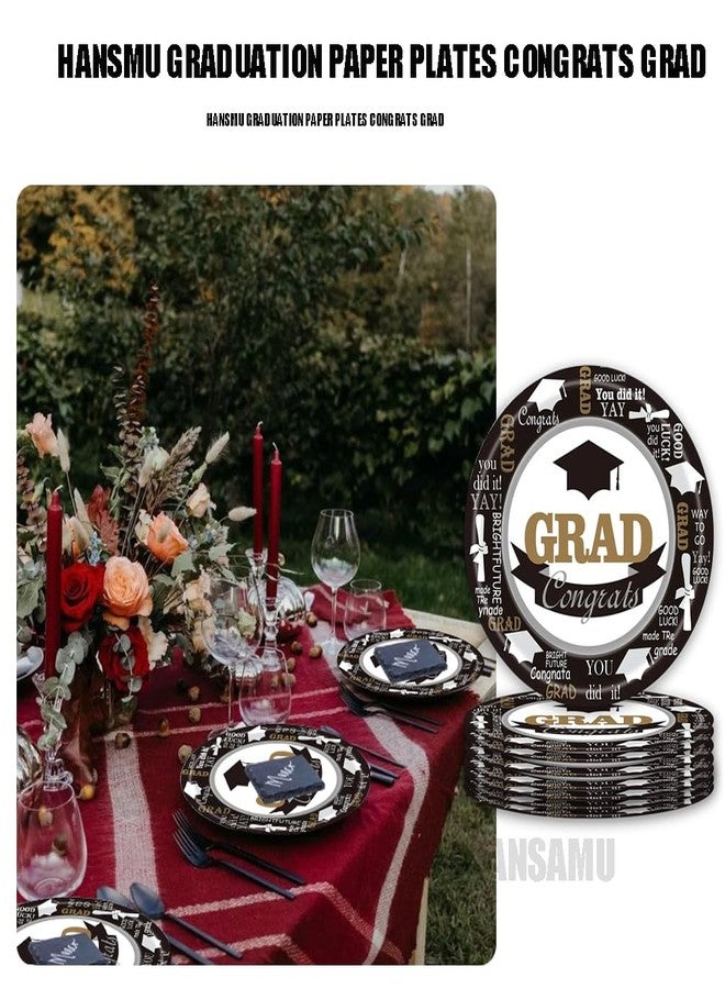 HANSAMU Graduation Paper Plates Congrats Grad Disposable Plates Black White Decorative Tableware for College School Congratulations Graduation Party Supplies Table Decorations(7Inch) - Image 3