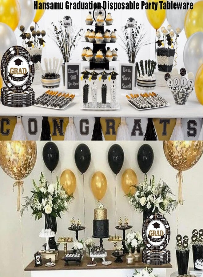 HANSAMU Graduation Paper Plates Congrats Grad Disposable Plates Black White Decorative Tableware for College School Congratulations Graduation Party Supplies Table Decorations(7Inch) - Image 5