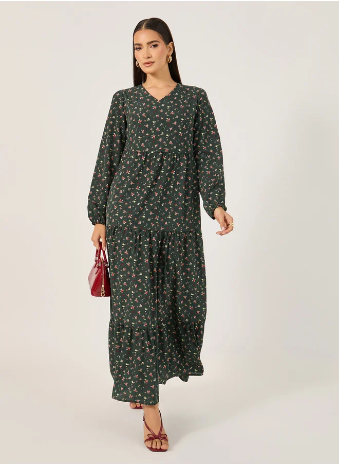 ستايلي All-Over Print Long Sleeves Tiered Maxi Dress