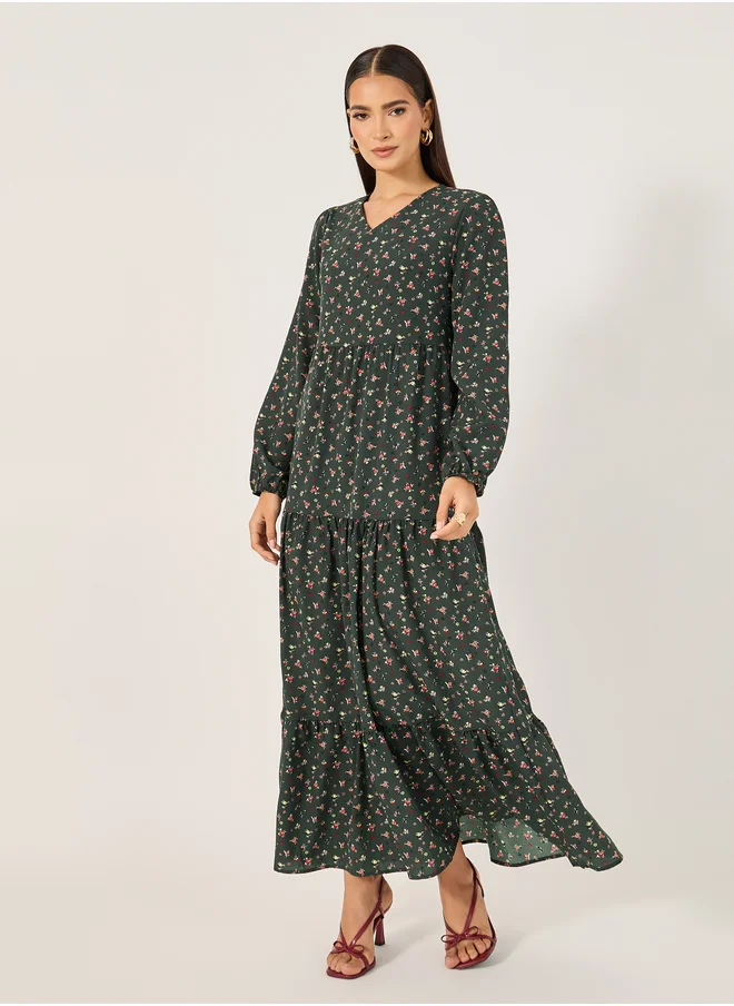 ستايلي All-Over Print Long Sleeves Tiered Maxi Dress
