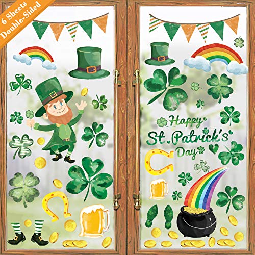 Ivenf St Patricks Day Decorations Window Clings Decor, Large Shamrock Leprechaun Top Hat Gold Coins Window Stickers for Kids School Home Office Saint Patricks Day Party Supplies Gifts, 6 Sheets 105pcs - Image 1