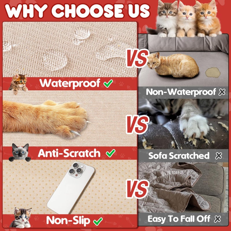 Loiion Cat Scratch Furniture Protector - Anti-Slip  Waterproof Sofa Cover to Keep Cats Off  Pet-Friendly Couch Protectors for 3 Cushion Couch  Khaki Anti-Scratch Couch Cover for Pets and Kids 134""X71"" - Image 5