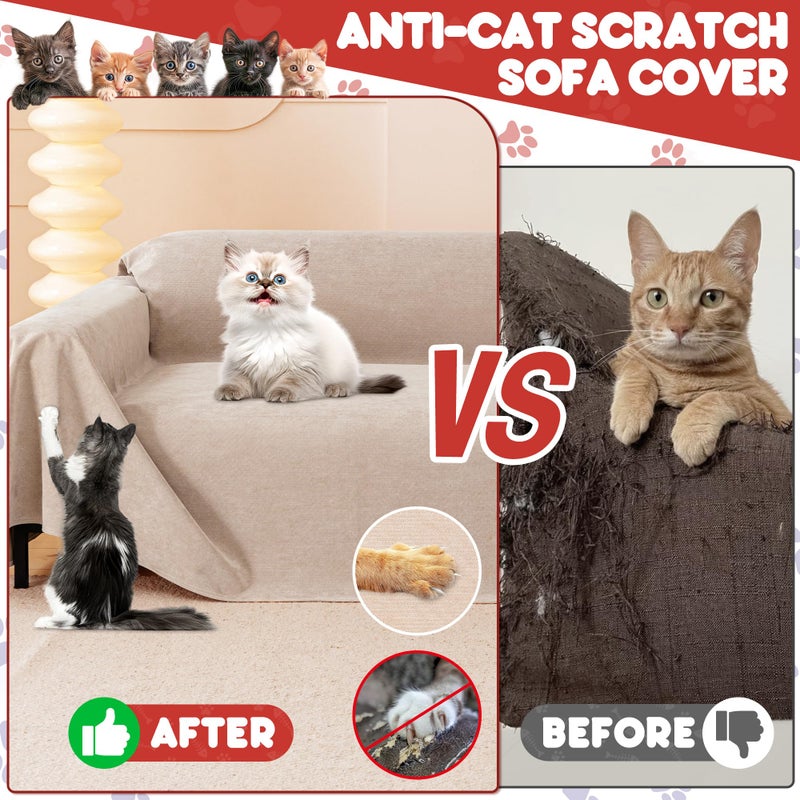 Loiion Cat Scratch Furniture Protector - Anti-Slip  Waterproof Sofa Cover to Keep Cats Off  Pet-Friendly Couch Protectors for 3 Cushion Couch  Khaki Anti-Scratch Couch Cover for Pets and Kids 134""X71"" - Image 2